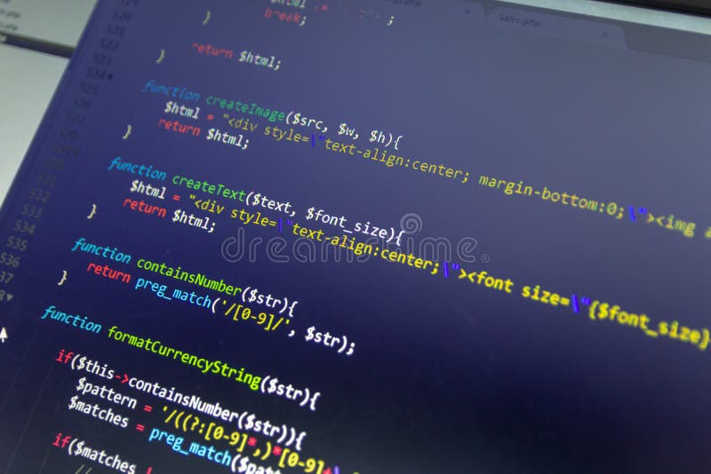 Modern Web Development Background. Abstract Pieces of PHP Code Stock
