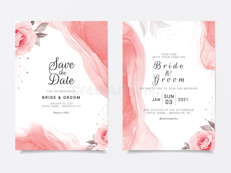 Modern Wedding Invitation Card Template Set with Flowers and Peach Liquid  Background. Botanic Decoration for Background, Save the Stock Vector -  Illustration of bouquet, branch: 170903882