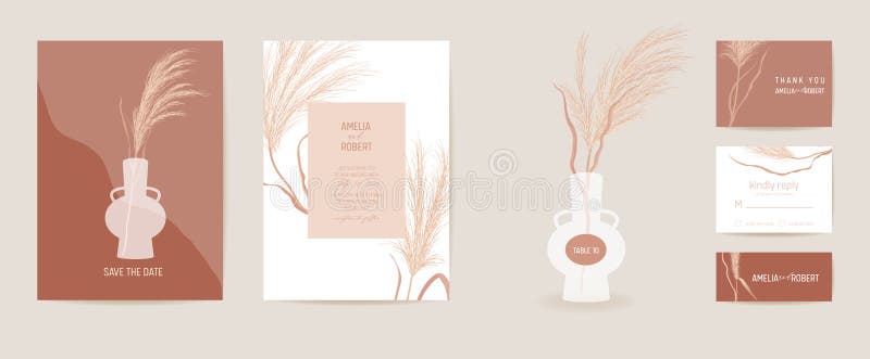 Modern wedding invitation pampas grass in vase card set. Autumn watercolor boho template