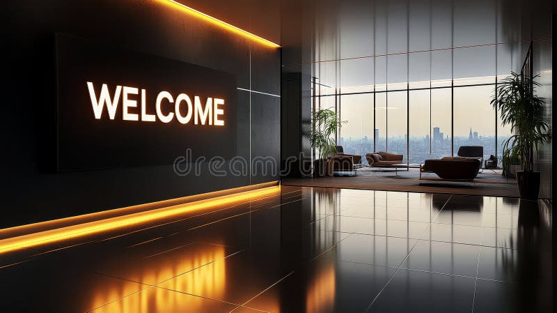 Modern Welcome text sign in an office lobby with sleek design elements. stock images
