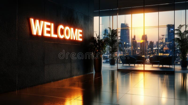Modern Welcome text sign in an office lobby with sleek design elements. stock photo