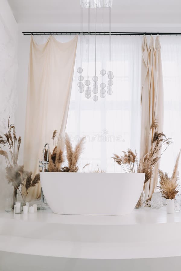 Modern White Bathroom. White Bath in a Room with White Walls Stock Photo Image of clean