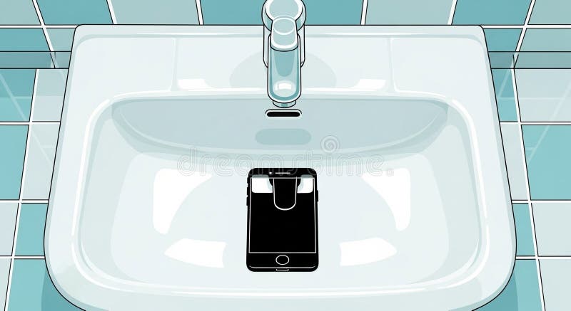 A modern white rectangular bathroom sink with a smooth surface and silver faucet sits against a light blue tiled wall, featuring a black smartphone with a blank screen placed on the right side of the basin, creating a clean, minimalist, and contemporary bathroom environment that conveys hygiene, technology integration, and serene design ideal for wellness, interior decor, and digital lifestyle. Sink ideal illustrations