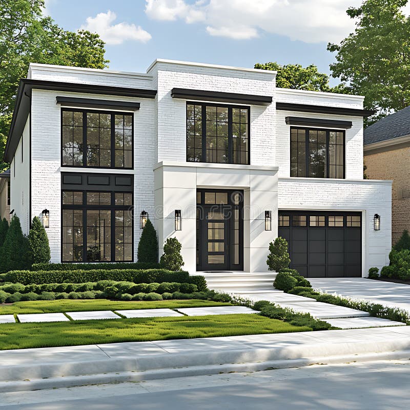 Modern White Brick House with Black Windows and Doors Stock ...