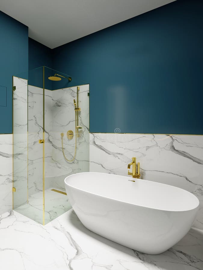 A Modern White Cupshaped Bathtub in the Bathroom Against a White Marble Wall Stock Illustration