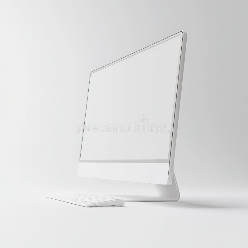 Modern white desktop computer with minimalistic design and wireless keyboard stock images