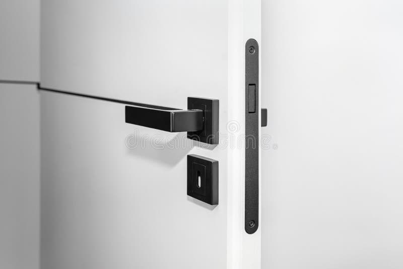 Modern White Door with Matte Black Handle and Locks, Lock with