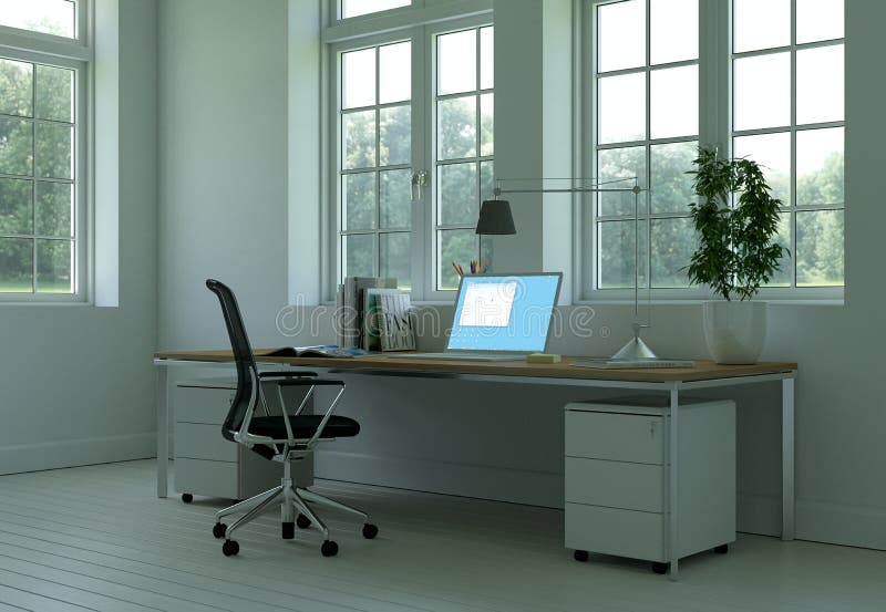 Modern White Home Office Interior Design 3d Rendering Stock Photo