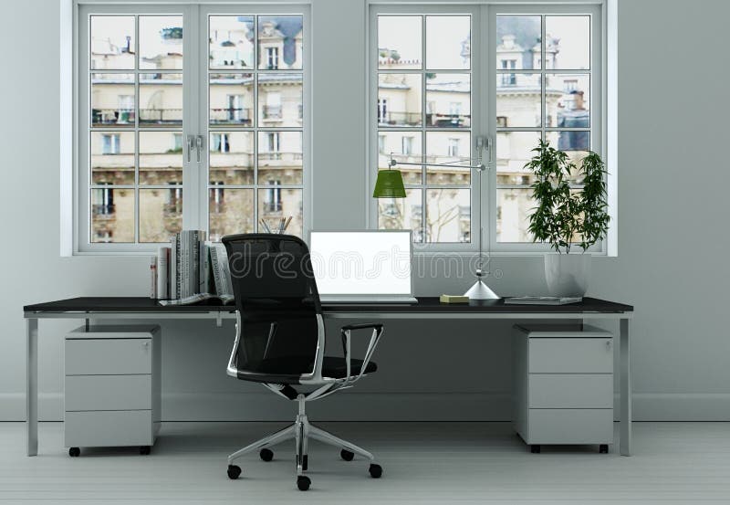 Modern White Home Office Interior Design 3d Rendering Stock Photo