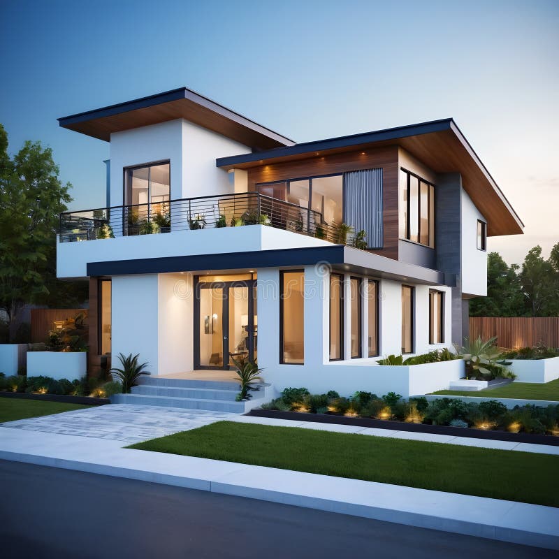 Modern White House with Balcony and Landscaping. Stock Illustration