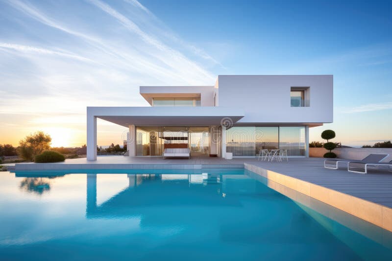 Modern White House with Swimming Pool at Sunset Stock Illustration