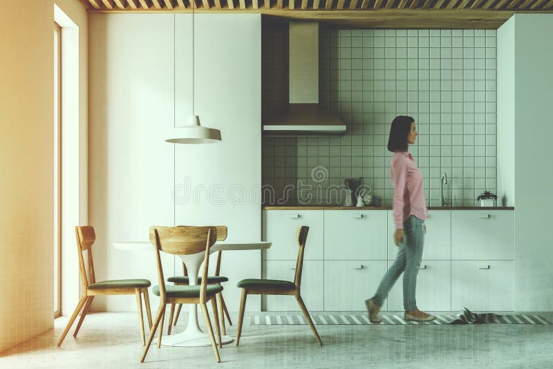 Modern white kitchen, chairs and table toned stock photos Modern white kitchen, chairs and table toned stock photos