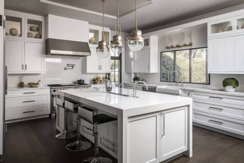Modern White Kitchen with Custom and Sleek Hardware Stock