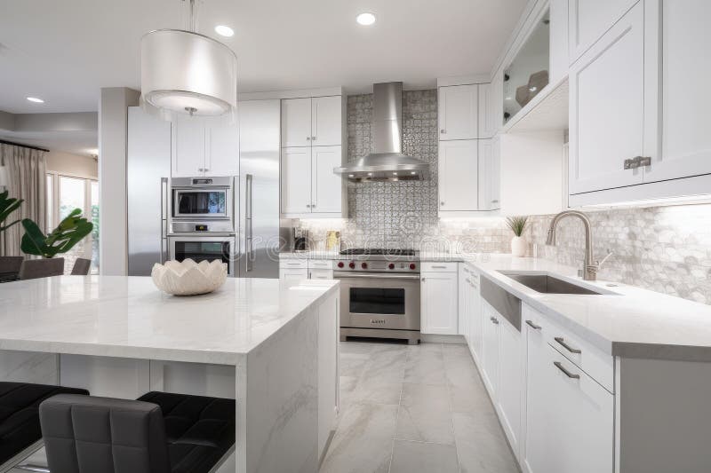 Modern White Kitchen with Custom and Sleek Hardware Stock