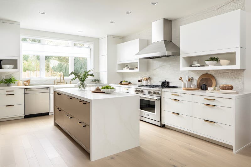 Modern White Kitchen with Custom and Sleek Hardware Stock