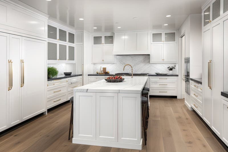Modern White Kitchen with Custom and Sleek Hardware Stock