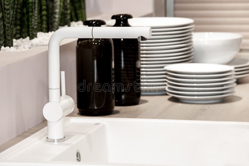 Modern White Kitchen Sink and Faucet Stock Image Image of flowers