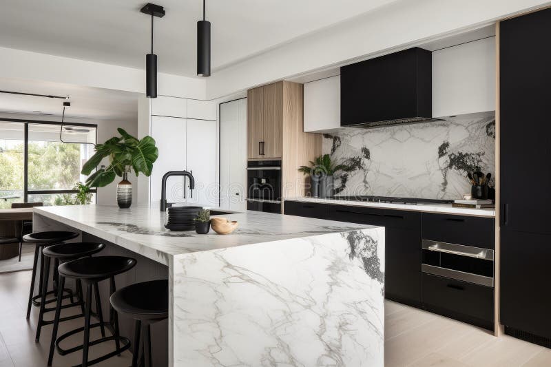 Modern White Kitchen with Sleek Black Appliances and Marble Countertops ...