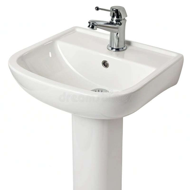 A modern white sink with a shiny silver faucet, isolated on white, ideal for kitchen or bathroom setups. Sink ideal illustrations