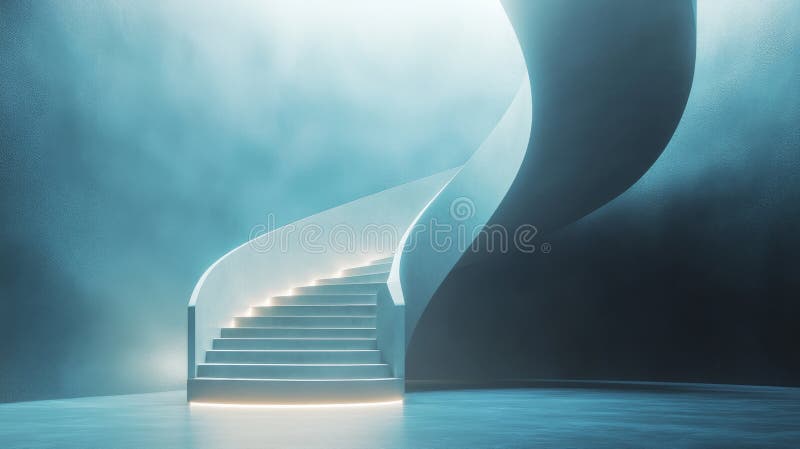 Modern white stairs emerging from fog in minimal empty room stock illustration
