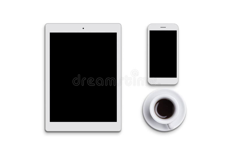 Modern white tablet, cell phone and cup of coffee isolated over white background. Electronic devices. Desktop. Flat view of gadget