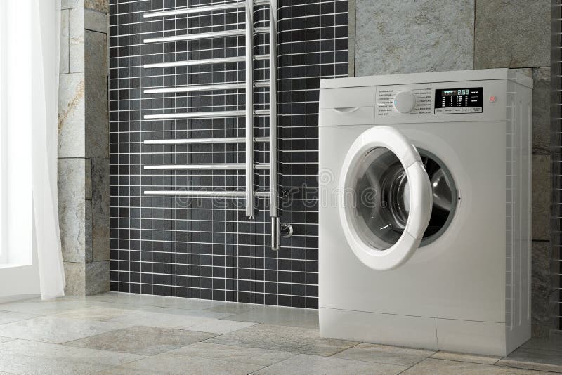 Modern White Washing Machine in Bathroom Interior. 3d Rendering Stock