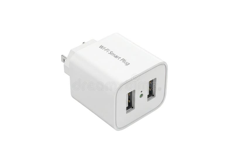 Modern white Wi-Fi smart plug with dual USB ports for seamless device charging stock illustration