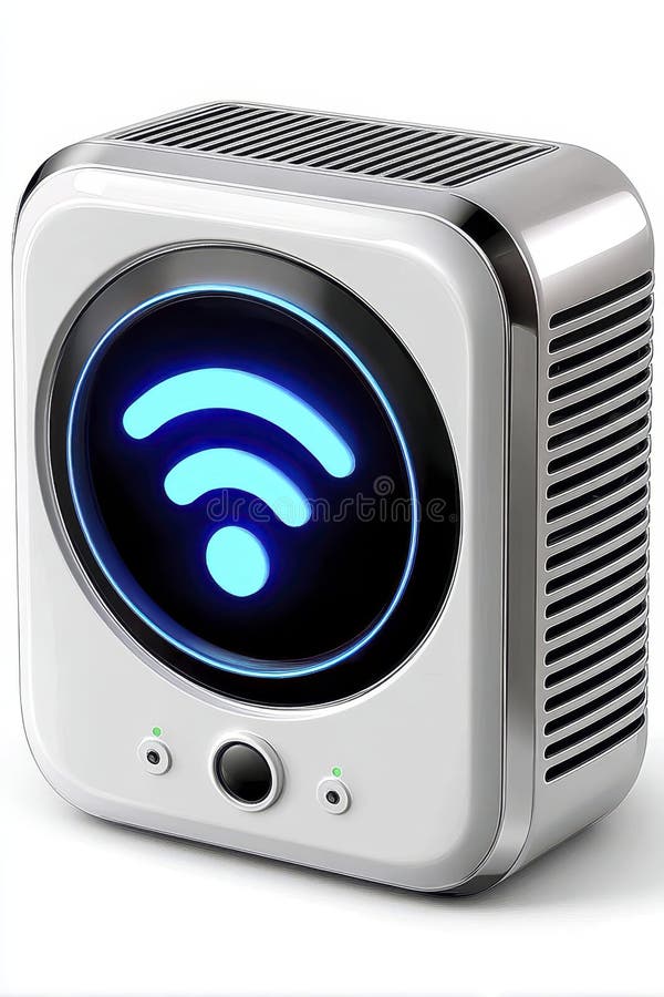 Modern white wifi modem d render isolated on of a background the device is with silver accents and features glowing blue symbol ilustração royalty free