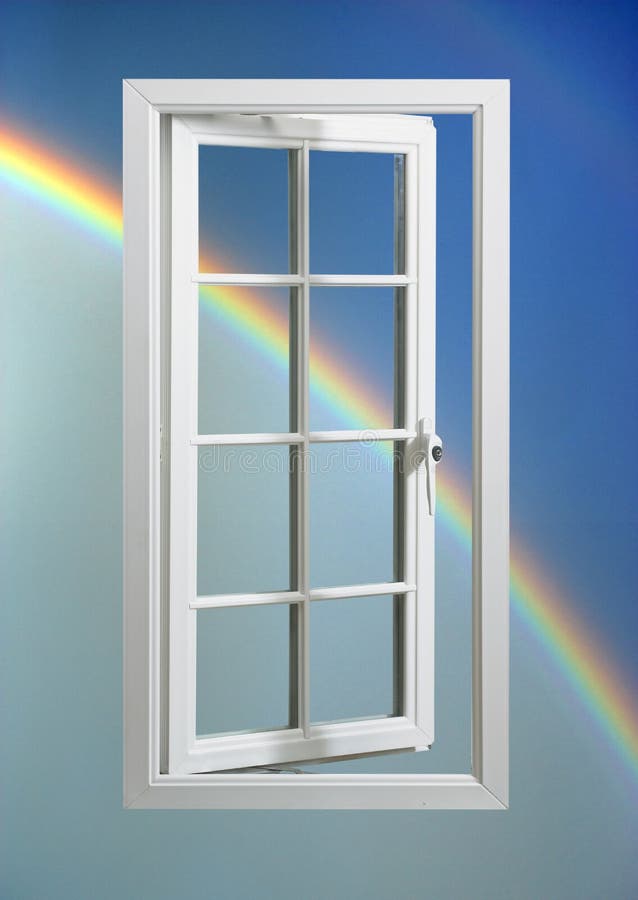 Modern White Window Frame in Blue Sky with Rainbow Stock Photo Image