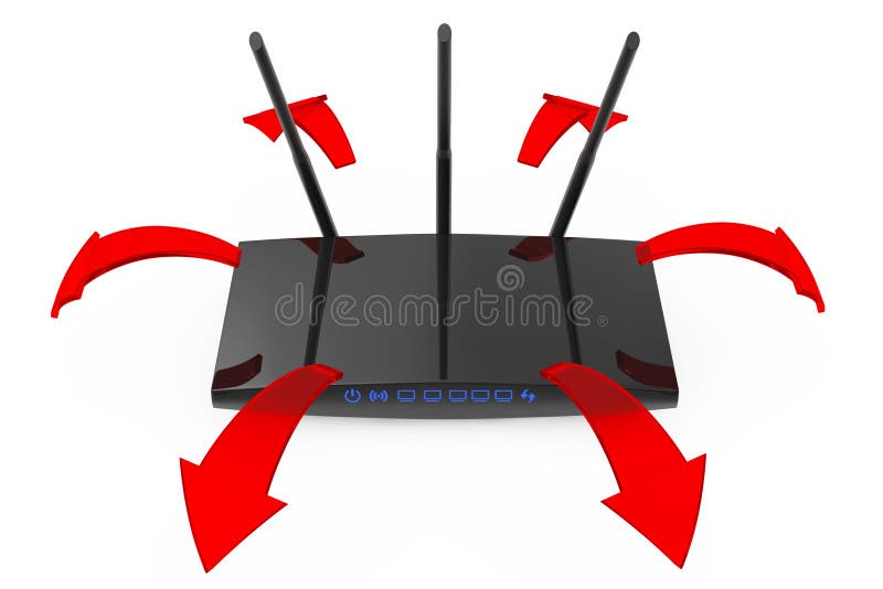 Modern WiFi Router med glödande röda signalpilar framförande 3d royaltyfri illustrationer