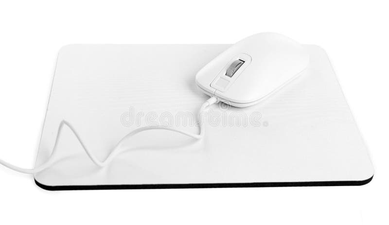 Modern wired optical mouse and pad isolated on white