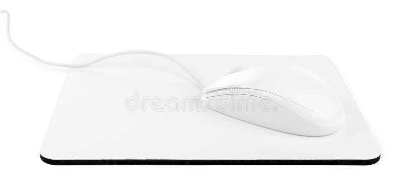 Modern wired optical mouse and pad isolated on white