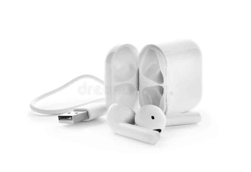 Modern wireless earphones, charging case and cable