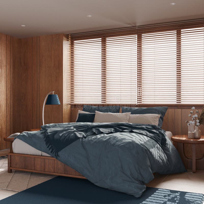 Modern wooden bedroom in blue and beige tones. Master bed with pillows and duvet, window with venetian blinds, carpets and decors