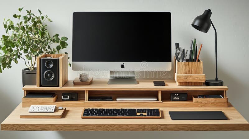Modern Wooden Desk Setup iMac, Ergonomic Keyboard & Accessories stock illustration