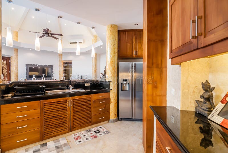 Modern Wooden Kitchen with Statue Stock Image Image of living, dinner 49881085