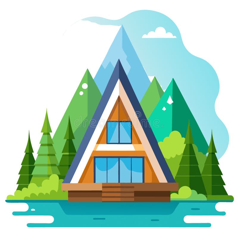 Modern wooden triangular eco-friendly A-frame house on the lake shore against the backdrop of summer forest and mountains stock illustration