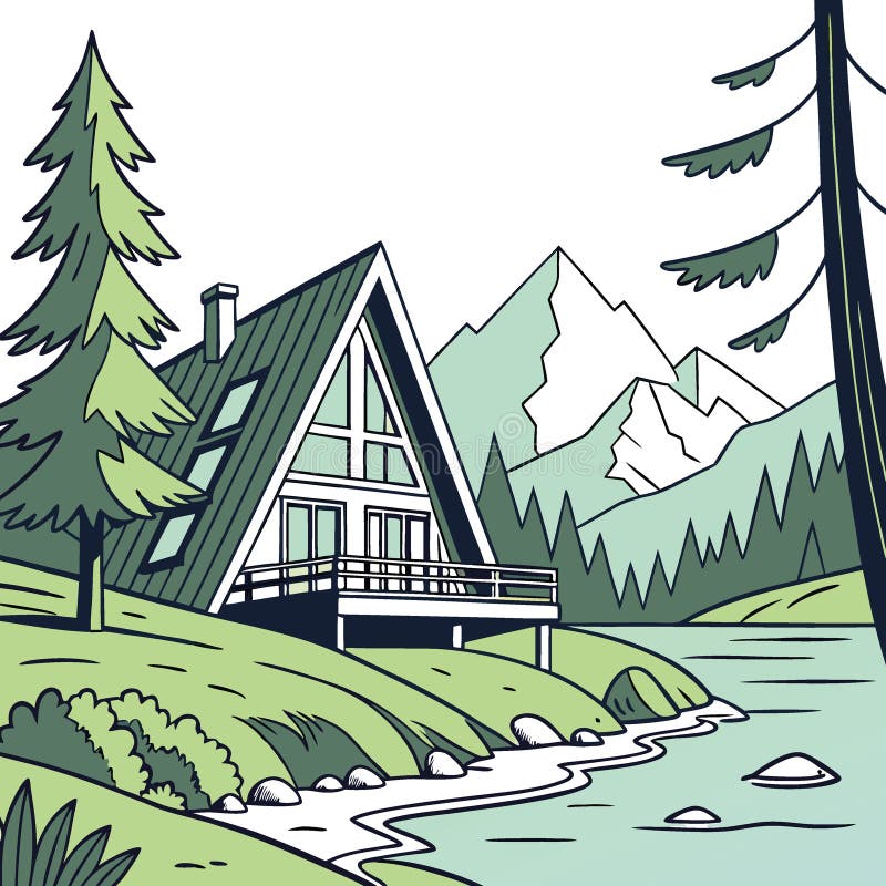 Modern wooden triangular eco-friendly A-frame house on the lake shore against the backdrop of summer forest and mountains stock illustration