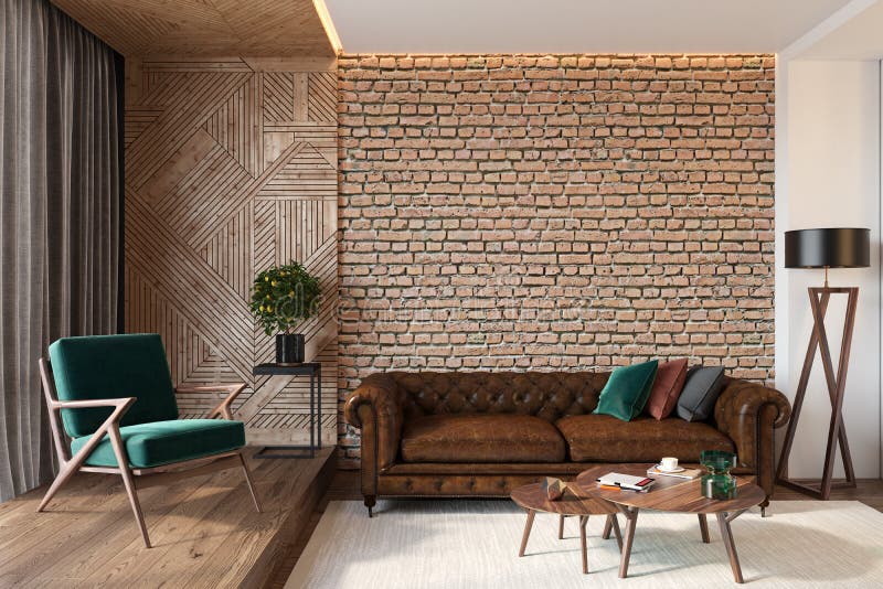 Modern woonkamerbinnenland met bakstenen muur blinde muur, leer bruine bank, groene zitkamerstoel, lijst, houten muur