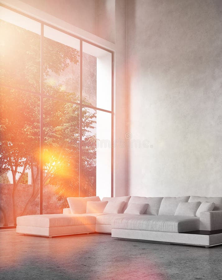 Modern living room interior with bright sun flare through a floor-to-ceiling glass wall bathing a comfortable corner unit lounge suite in bright light. Modern living room interior with bright sun flare through a floor-to-ceiling glass wall bathing a comfortable corner unit lounge suite in bright light