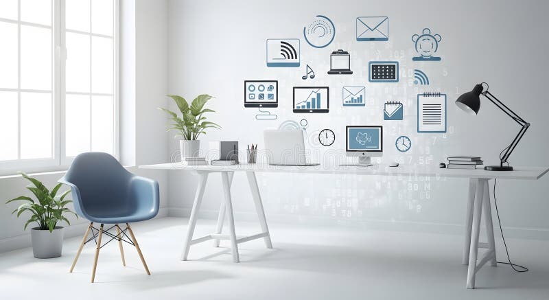 Bright minimalist workspace with desk, lamp, and computer icons, creating a productive atmosphere vector illustration