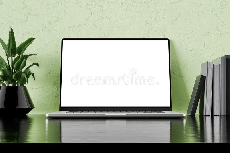 Spațiu de lucru modern cu un ecran de notebook gol pentru personalizarea plantelor cu ghiveci verzi și a cărților stivuite pe un b royalty free illustration