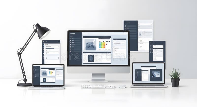 Modern workspace with computer, laptop, tablet, and documents on a white desk stock images
