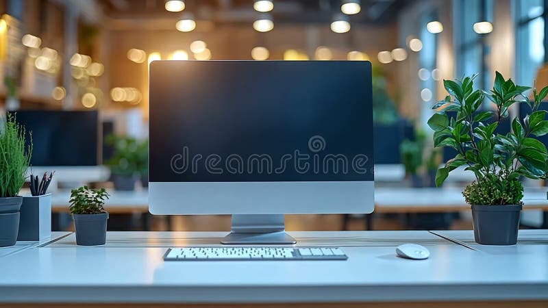 Modern workspace with computer monitor, keyboard, mouse, and vibrant plants, creating serene and productive atmosphere vector illustration