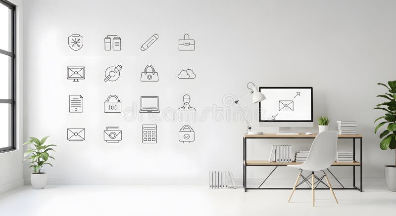 Modern Workspace with Computer and Office Icons on Wall, Minimalist Style royalty free illustration