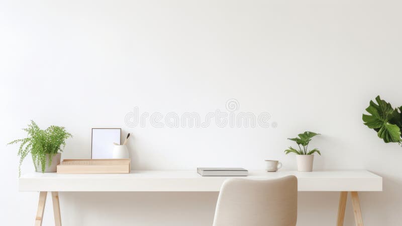 Modern workspace with copy space on white wall. 3D Rendering, AI generated