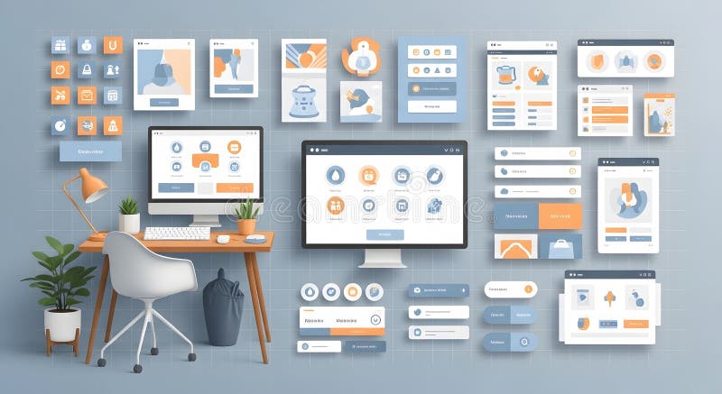 Modern Workspace: Desk with Computer, UI Mockups, and Business Icons in Soft Tones stock illustration