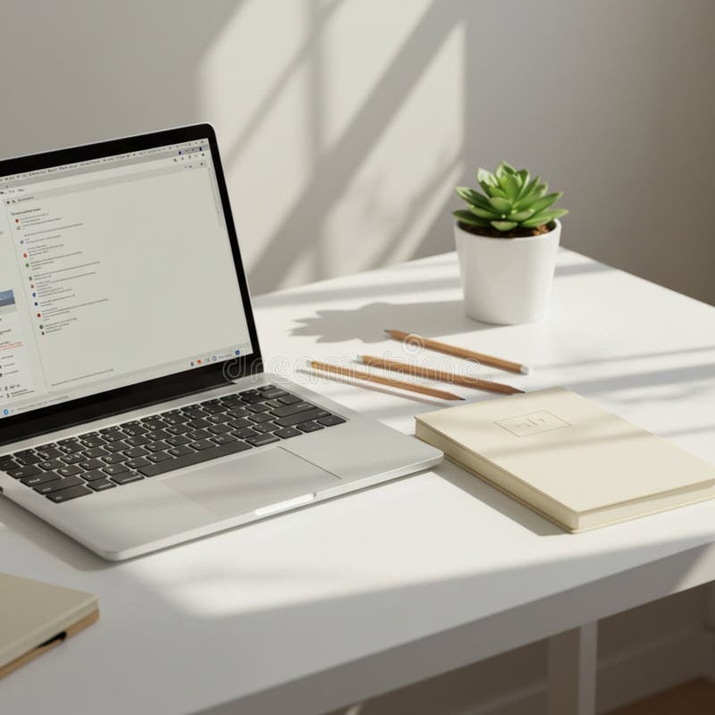 A modern workspace features a sleek laptop displaying a web page, placed on a white desk royalty free illustration