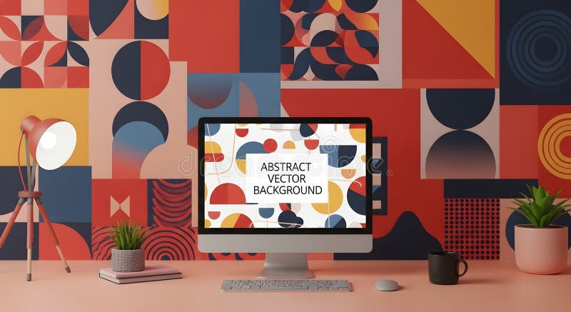 Modern workspace featuring computer display with abstract graphic and desk lamp royalty free stock image