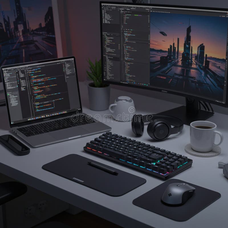 A modern workspace featuring a laptop displaying code, a desktop monitor with stock illustration
